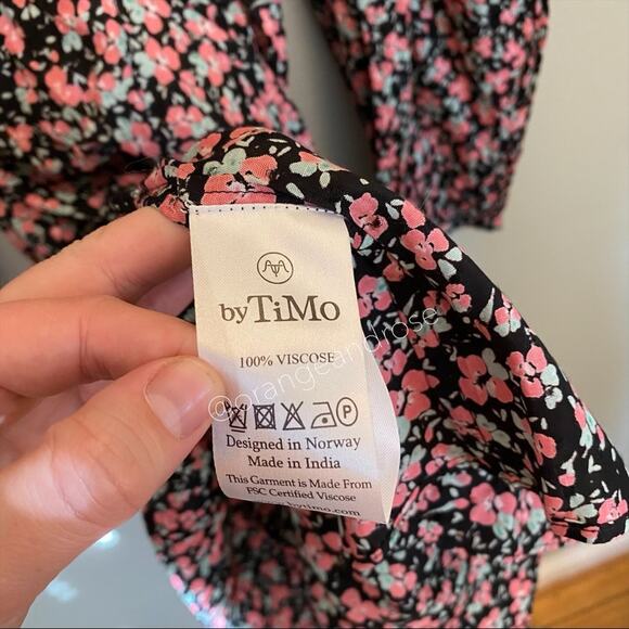 NWT byTiMo Black Pink Viscose Floral Puff Long Sleeve Mini Dress Ditsy Large L - Picture 8 of 14